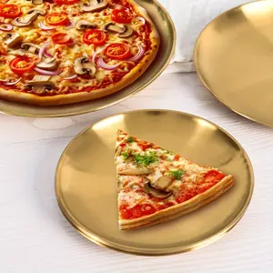 2pcs, Golden Pizza Plates, Stainless Steel Dinner Plate, Round Golden Tray, Food Serving Plate, For Home Kitchen, Restaurant, Party Use