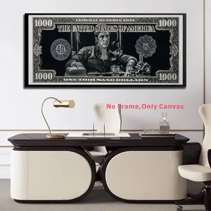1 piece classic movie wall art 'Scarface', Tony Montana with dollars, HD canvas print poster, home, living room, room decoration, frameless, Unframed Painting, Modern Home Decor
