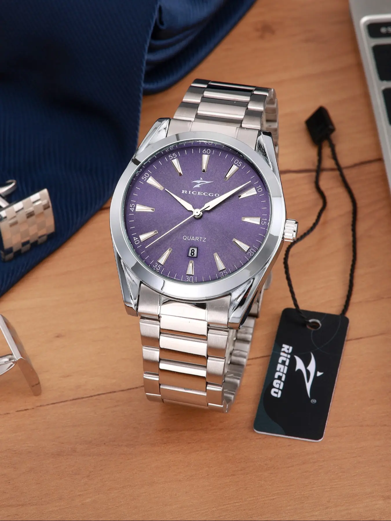 Ricecgo men's watch, 43mm round large dial, Analog Watches, durable stainless steel strap, date display, Business Quartz Wristwatch, Stainless Steel Watches, luxurious watch, Stylish Watch, perfect birthday gift choice, fashionable and durable.