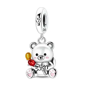 MULA Teddy Bear Pendant - 925 Silver-plated Enamel Cute Bear Holding Flowers Pendant, Can Be Matched with Pandora Bracelet, Great Gift for Women, Girls and Children