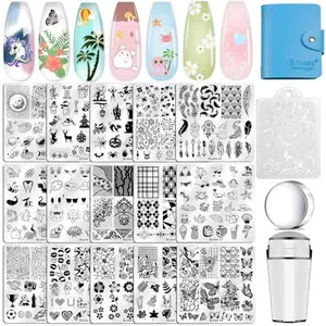 Biutee Nail Stamping Plates Set 15PCS Nail Art Stamper Scraper Nail Art Stamping Kit with Storage Bag Gift Box Nail Stamp Template Kit Lace Flower Butterfly Star Holiday Design