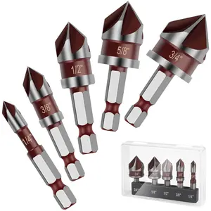 5 count Countersink Drill Bit Set, 82  HSS Counter Sink Drill Bit for , Metal, Plastic, 1/4"-3/4" with 1/4" Hex Shank Countersink Bit Set