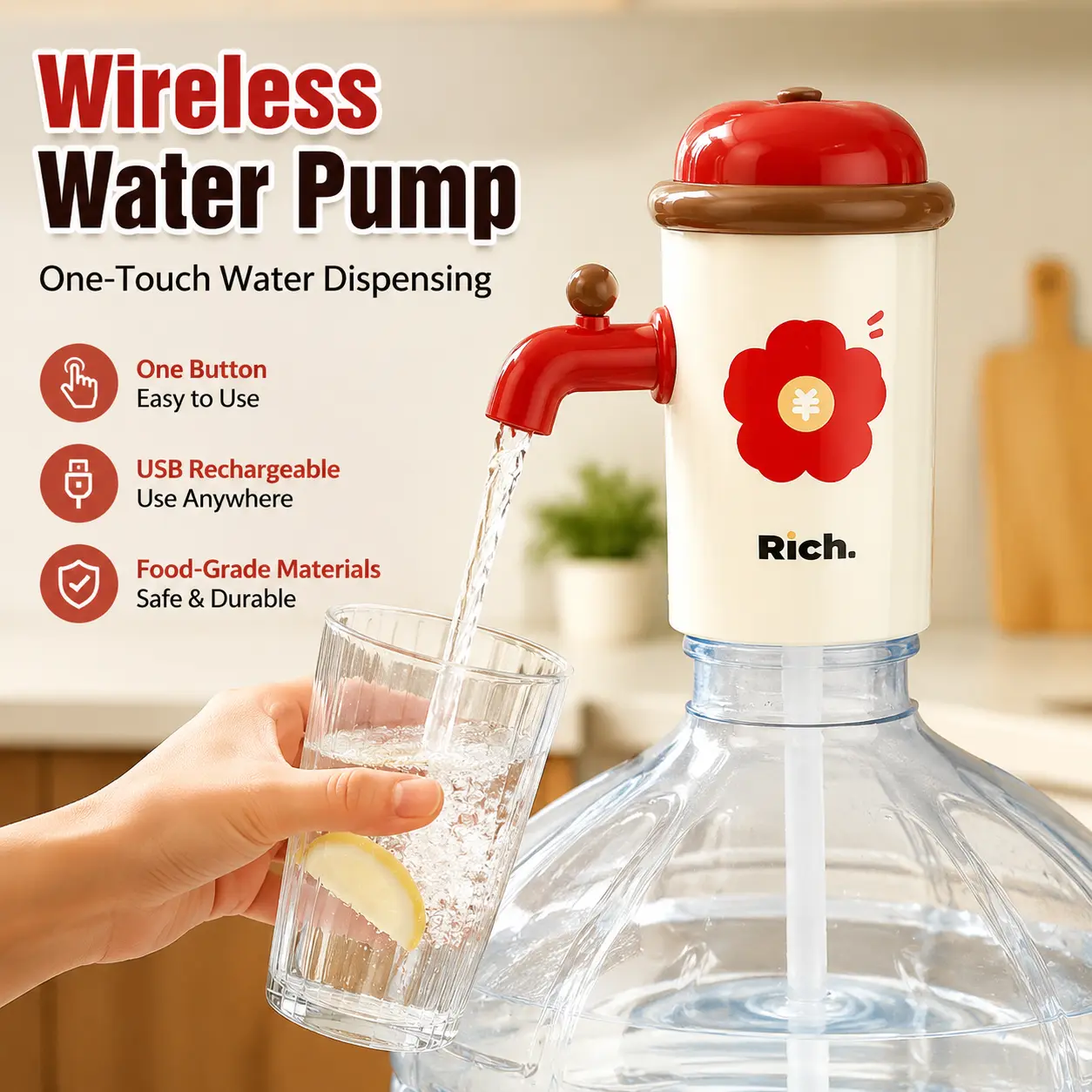 Wireless Water Pump for 5 Gallon Bottles, USB Rechargeable Automatic Water Dispenser, One-Touch Electric Drinking Water Pump with Silicone Tube