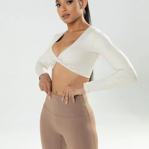 Women's Basic Solid Twist Crop Sports T-shirt, Long Sleeve Deep V Neck Slim Fit Sports Top, Active Tops, Sportswear Clothing for Indoor Outdoor Swinging Plate Gym, Athletic Workout Tees, Workout Clothes, Gym Training Sportswear, Activewear Fitness Workout