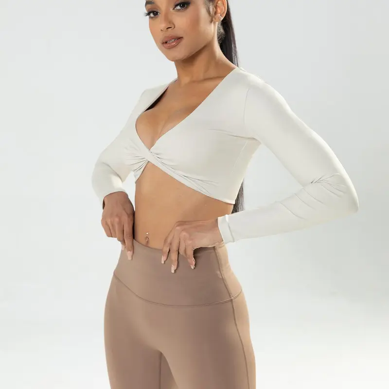 Women's Basic Solid Twist Crop Sports T-shirt, Long Sleeve Deep V Neck Slim Fit Sports Top, Active Tops, Sportswear Clothing for Indoor Outdoor Swinging Plate Gym, Athletic Workout Tees, Workout Clothes, Gym Training Sportswear, Activewear Fitness Workout