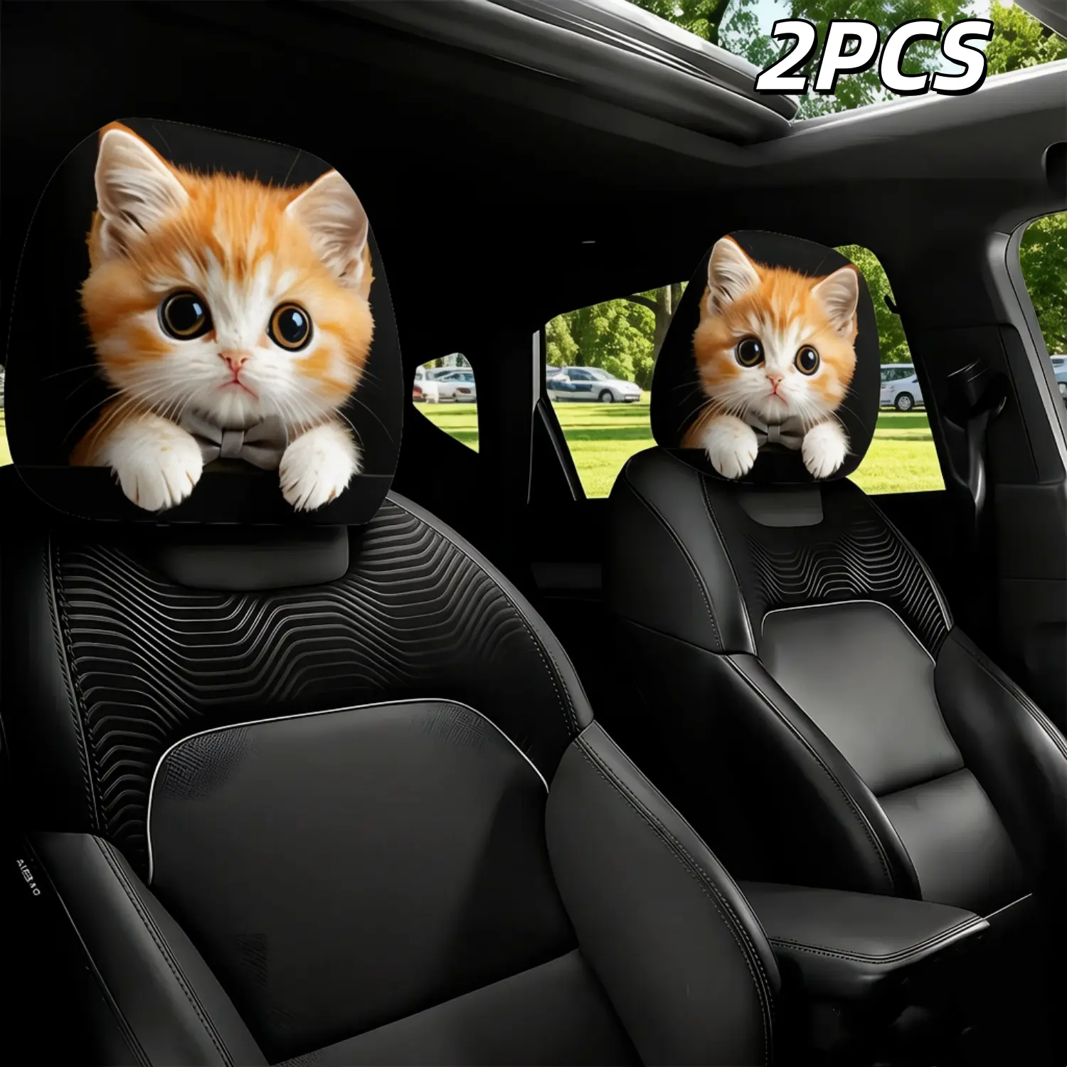 2Pcs Cute Big Eye Orange Cat Printed Car Headrest Covers, elastic design for universal easy fitting. Lovely quirky interior decor, perfect for couple road trips and rides with friends. Creates warm relaxing vibe and fun cozy driving atmosphere Vehicle Dec