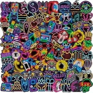 100Pcs Neon Stickers for Water Bottle, Graffiti Trippy Stickers for Laptop, Hydroflasks, Suitcase, Bicycle, Notebooks, Scrapbooking, Waterproof Vinyl Cool Decals