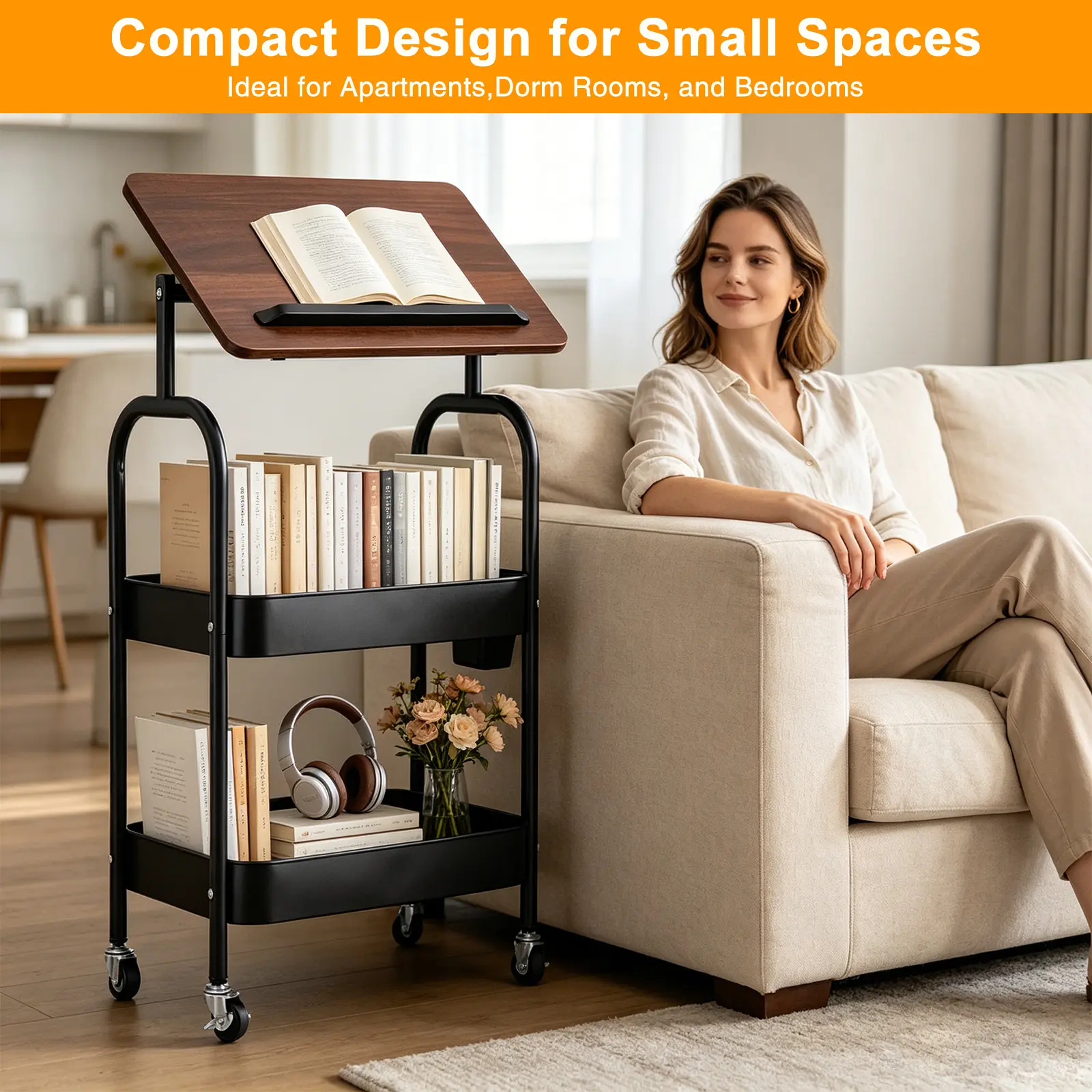 3-Tier Rolling Storage Cart with Tabletop, Mobile Side Table Utility Organizer Cart with Lockable Wheels, Office Cart, Hollow Drain Mesh Baskets Multi-Purpose Rolling Trolley for Kitchen, Bathroom, Living Room, Bedroom