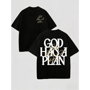 Retro Washed Double Sided Printed T-Shirt, 'GOD HAS A PLAN' Letter Graphic Tee, 230g Pure Cotton, Slightly Cropped, Crewneck, Distressed Streetwear, Men's Casual Comfortable Fashion Tops Smooth Fabric Seamless Soft Tshirt graphic tee t shirt
