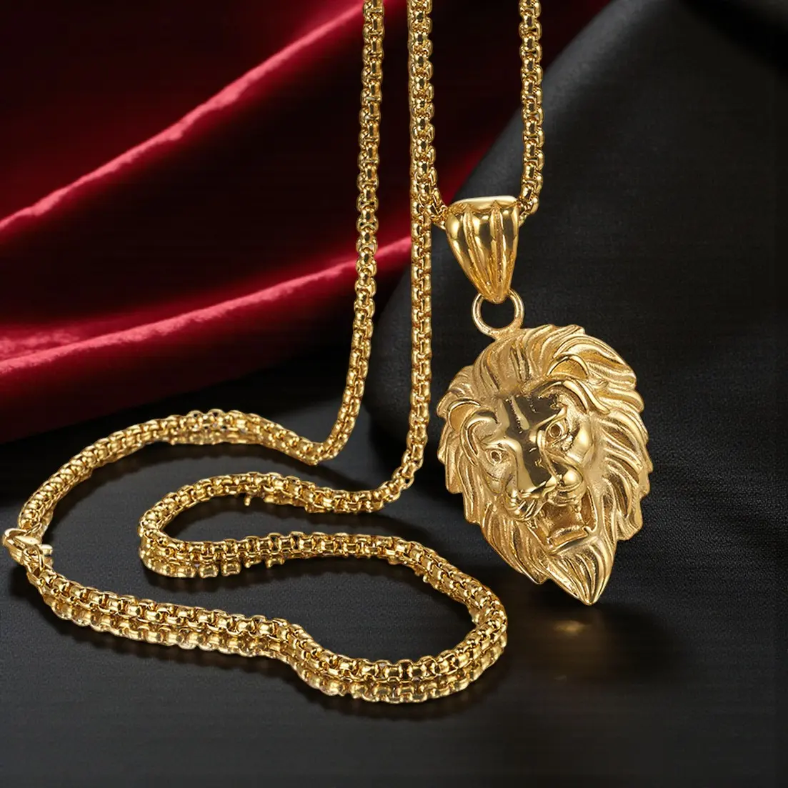 MaxBling81 Hip-Hop Lion Head Pendant Necklace, 24" Gold Statement Chain for Men & Women, 45mm Stainless Steel Animal Jewelry for Casual Wear, Daily Wear, Metal Coated, Chain & Link, Set, Birthday, Hip Hop Jewellery, Metal Coating, Chains, Unisex
