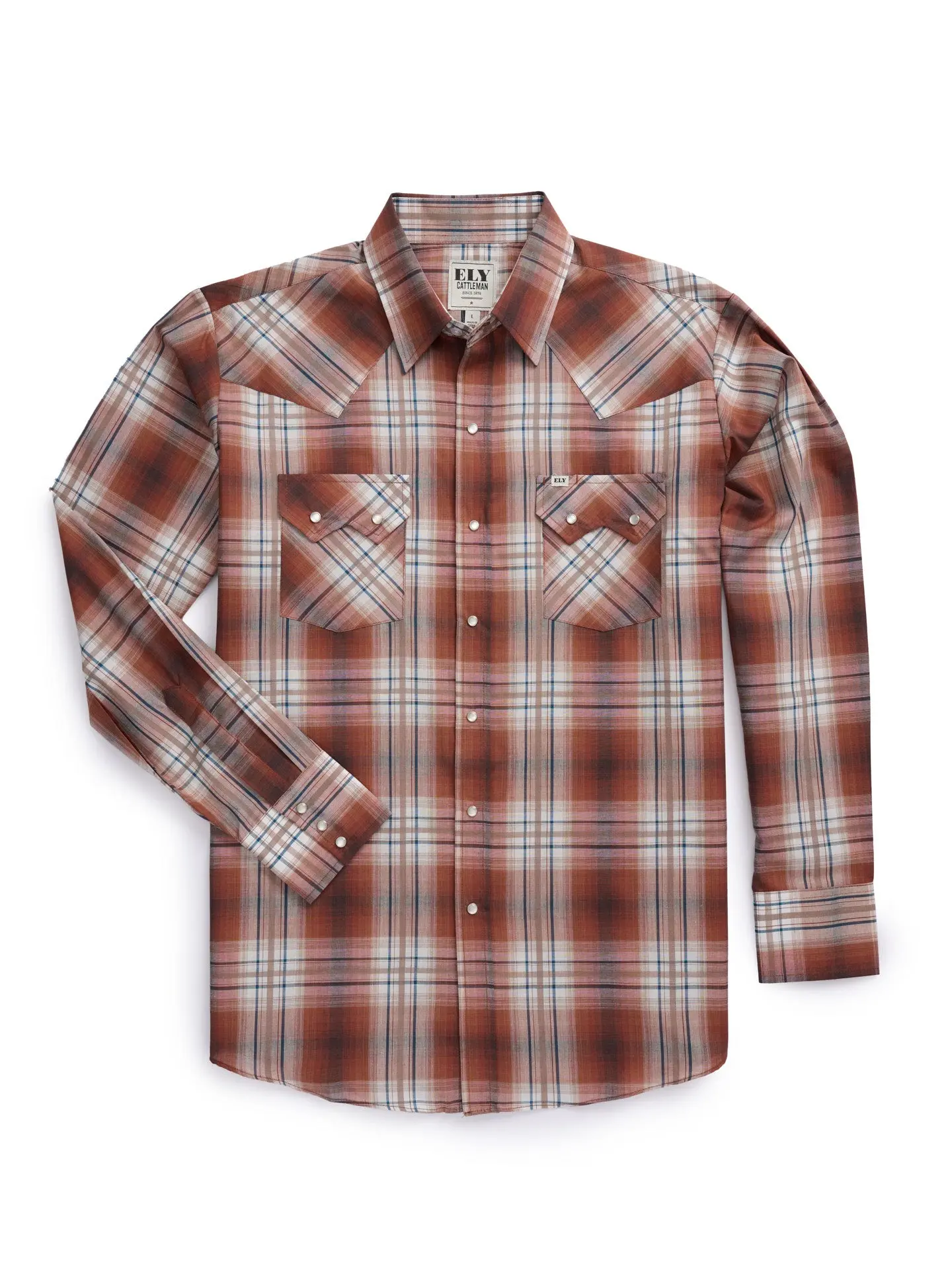 Men's Ely Cattleman Long Sleeves Textured Plaid Western Snap Shirt - Rust & Navy, Menswear, Casual, Durable Fabric, Functional Pocket