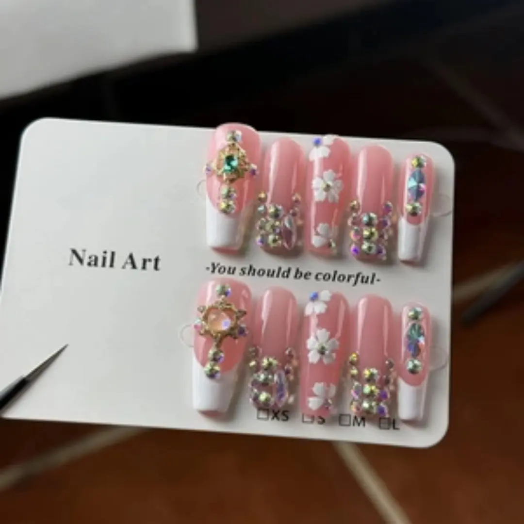 10pcs high-end Gentle and elegant style, Barbie pink cat's eyes, hand-painted flowers, sparkling diamond pile handmade Glossy fake nails, Nail Art Products