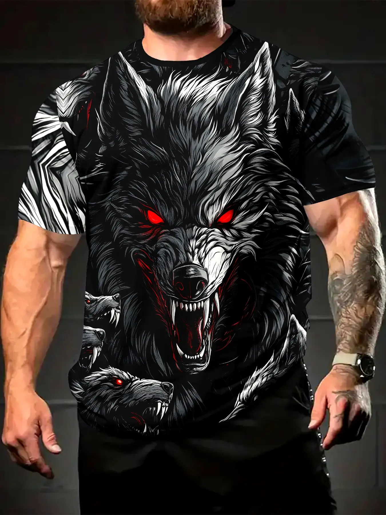Men'S Summer Wolf Pattern T-Shirt, Made from Breathable Knitted Fabric, Featuring a Regular Fit Short-Sleeve Round Neck, Suitable for Outdoor Leisure And Gym Workouts, with a Wolf Print, Casual Printed, Streetwear, Menswear