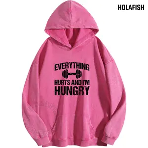 Holafish 2026 Oversized Acid Wash Vintage Hoodie for Women's Dumbbell Print Loose Warm Winter Streetwear Tunic