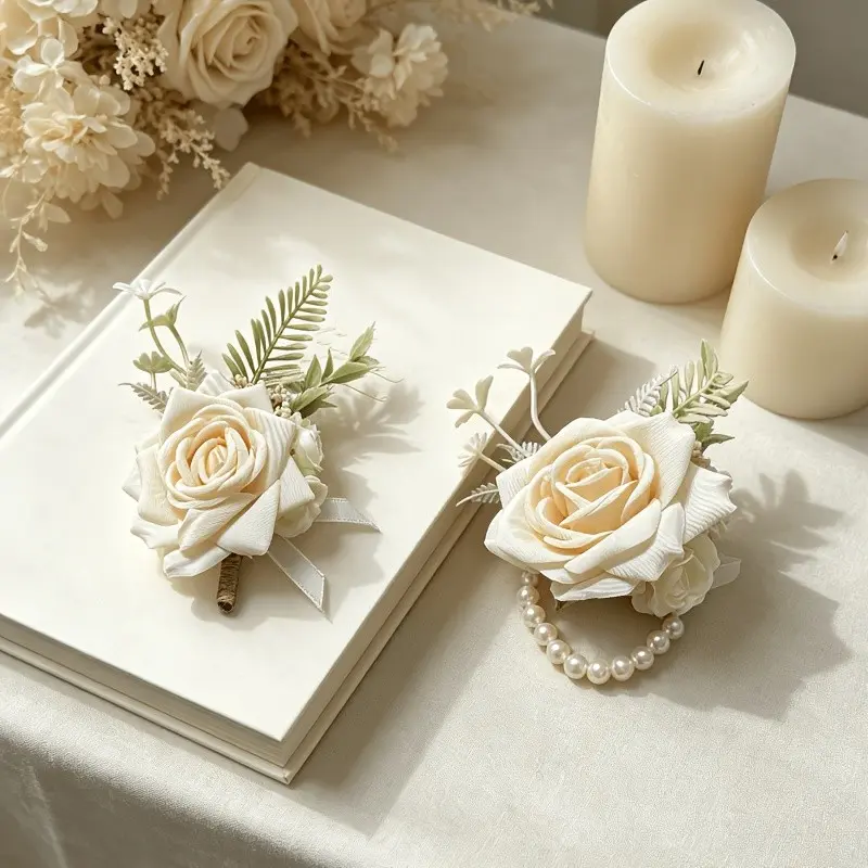 2-Piece  Artificial Boutonniere & Wrist Corsage Set, White Rose Floral, Wedding Prom Bridal Party Accessories, Bridesmaid Groom Decor