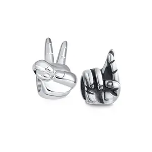 Sterling Silver Retro Hippie Peace & Best Wishes Hand Sign Of Lucky Fingers Crossed Charm Bead (Set)