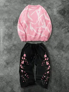 Men's Two-Piece Casual Set, Soft Comfortable Crewneck Sweater and Drawstring Wide Leg Pants, Spring & Fall Fashion, Floral Cherry Print Design