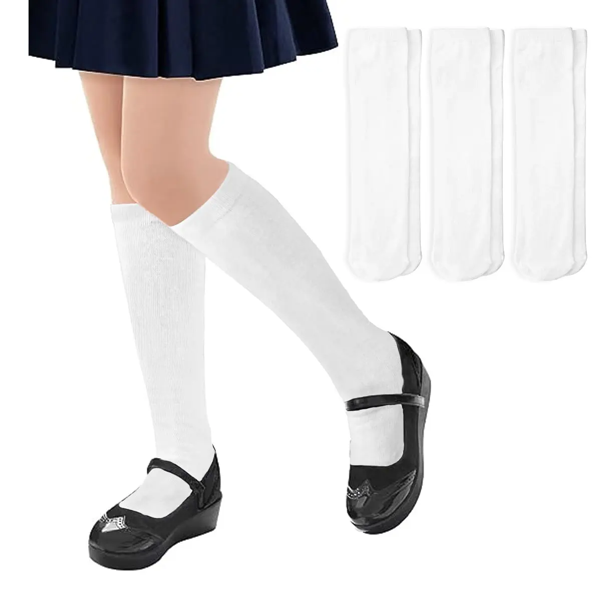 TPHON Kids' Pure Cotton Knee-High Socks, 3-Pair Solid Colors School Uniform Dress Long Tube Socks for 1-14 Years Girls (Fits Boys & Toddlers, Thigh-High Option), Machine Wash, High Stretch