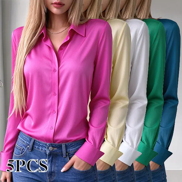 5-Pack Women’s Lapel Collar Long Sleeve Button-Down Shirts, Solid Color Casual Blouses Multipack, Elegant Office Tops for Everyday Wear