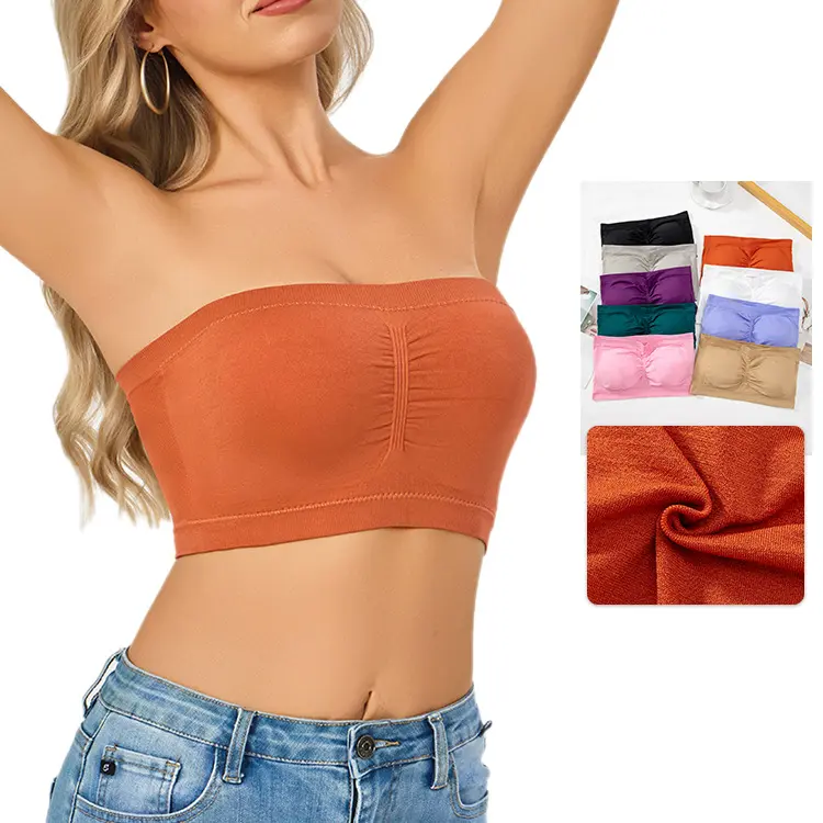 Lady's Ribbed Strapless Bandeau, Seamless Fabric Tube Top with Removable Pads, Non-Slip Plus Size Bra for Backless Apparel, Bottom, Basic, Piece, Casual, Knit, Women
