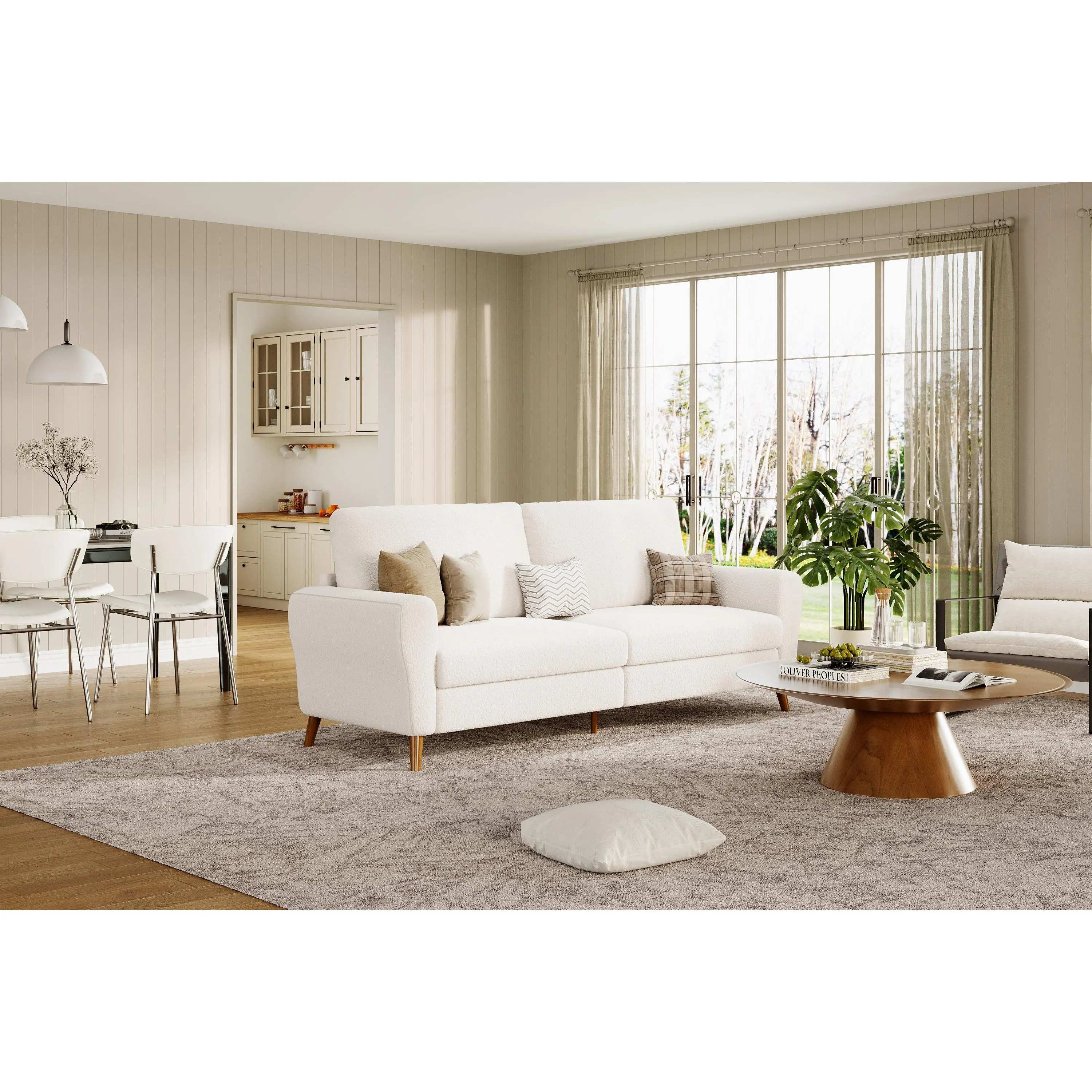 84 In Length Midcentury Modern Bouclé 3-Seater Armrest Sofa, 84in Upholstered Comfy Couch with 70-inch Inner Seat, Removable Cushions, Wide Armrests, Wooden Legs, Spot Clean Small Space Indoor Furniture for Living Room, 84-Inch Length