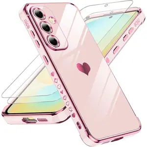 for  Galaxy S24-FE Case: with Tempered Glass Screen Protector 2 count,Full Camera Lens Protection, Love Heart  Women Luxury Soft TPU Shockproof Phone Case Funda para S24FE 5G,Pink