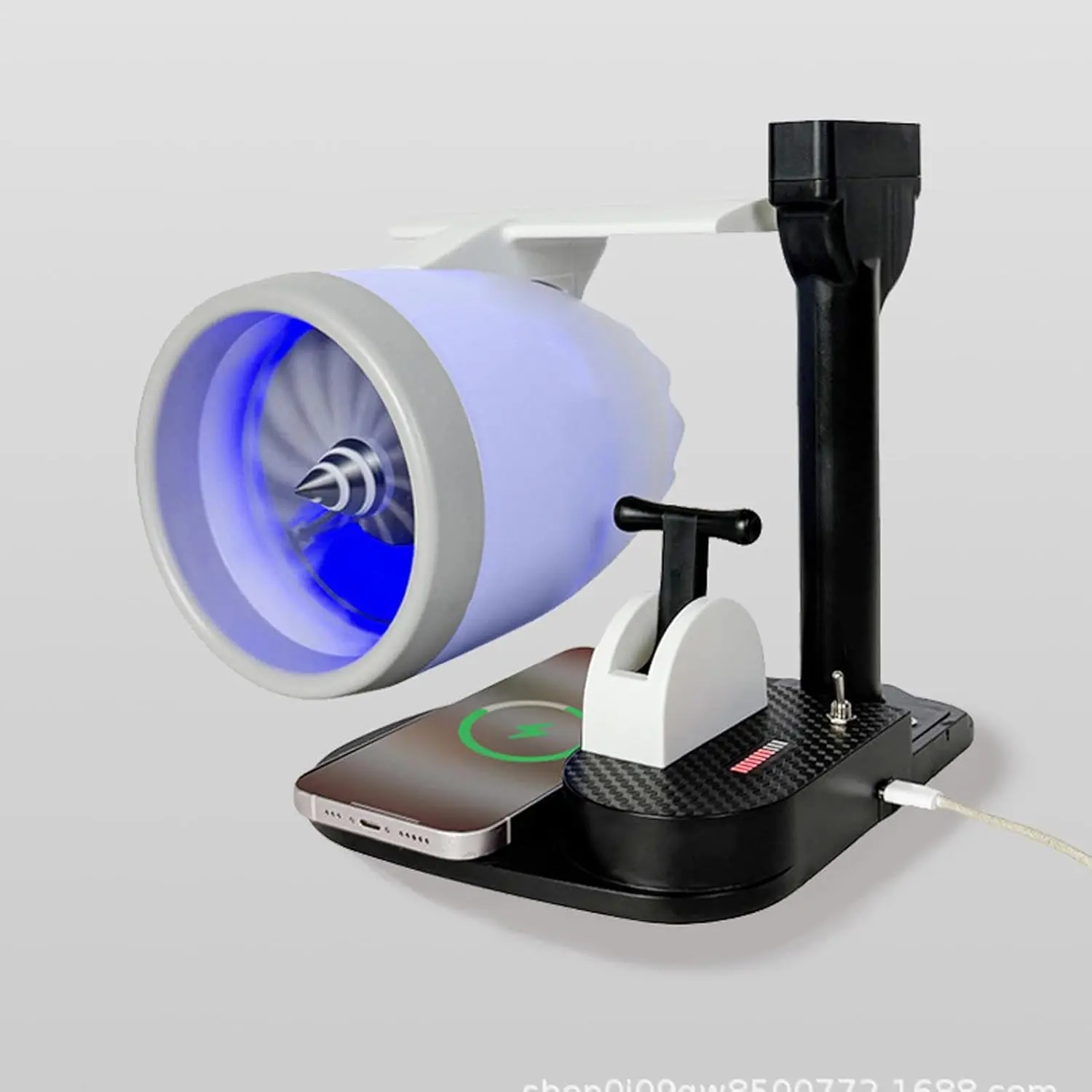 Creative Desktop Turbo Fan 3 in 1 Engine Fan with Humidifier 15W Wireless Charging Tail Lights 4000rpm Adjustable Speed Airplane Engine Shape Desk Fan for Office
