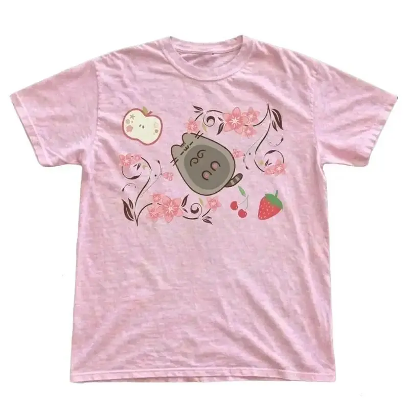 Vintage Pusheen Pink Cat T-Shirt, Cute Cherry Blossom Fruit Graphic Shirt, Japanese Style Pastel Aesthetic Gift Shirts, Cotton Womenswear Top