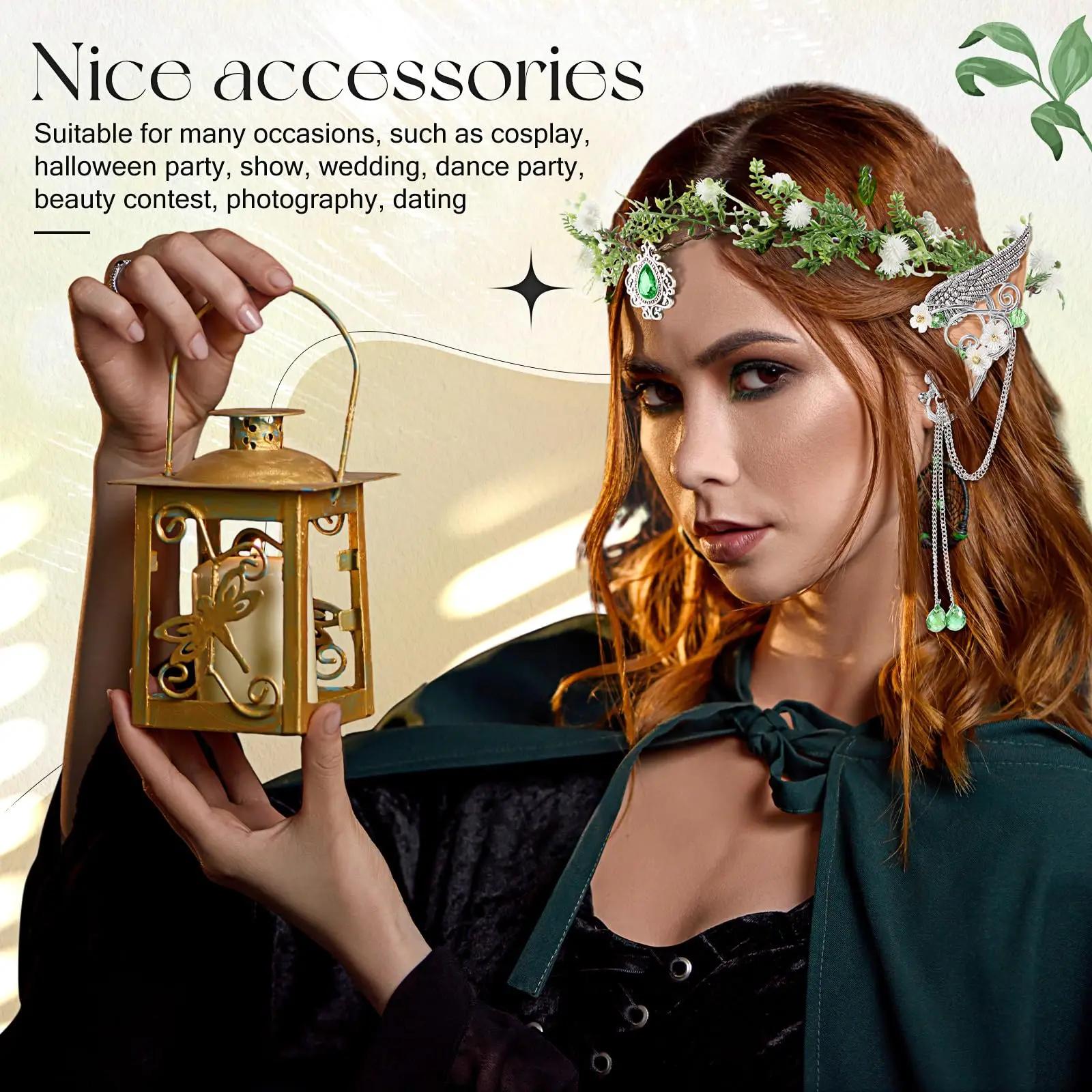Elves Cosplay Set Fairy Flower Crown Headpiece Elf Ears Cuffs Renaissance Costume Leaf Elves Wings Ear Cuff