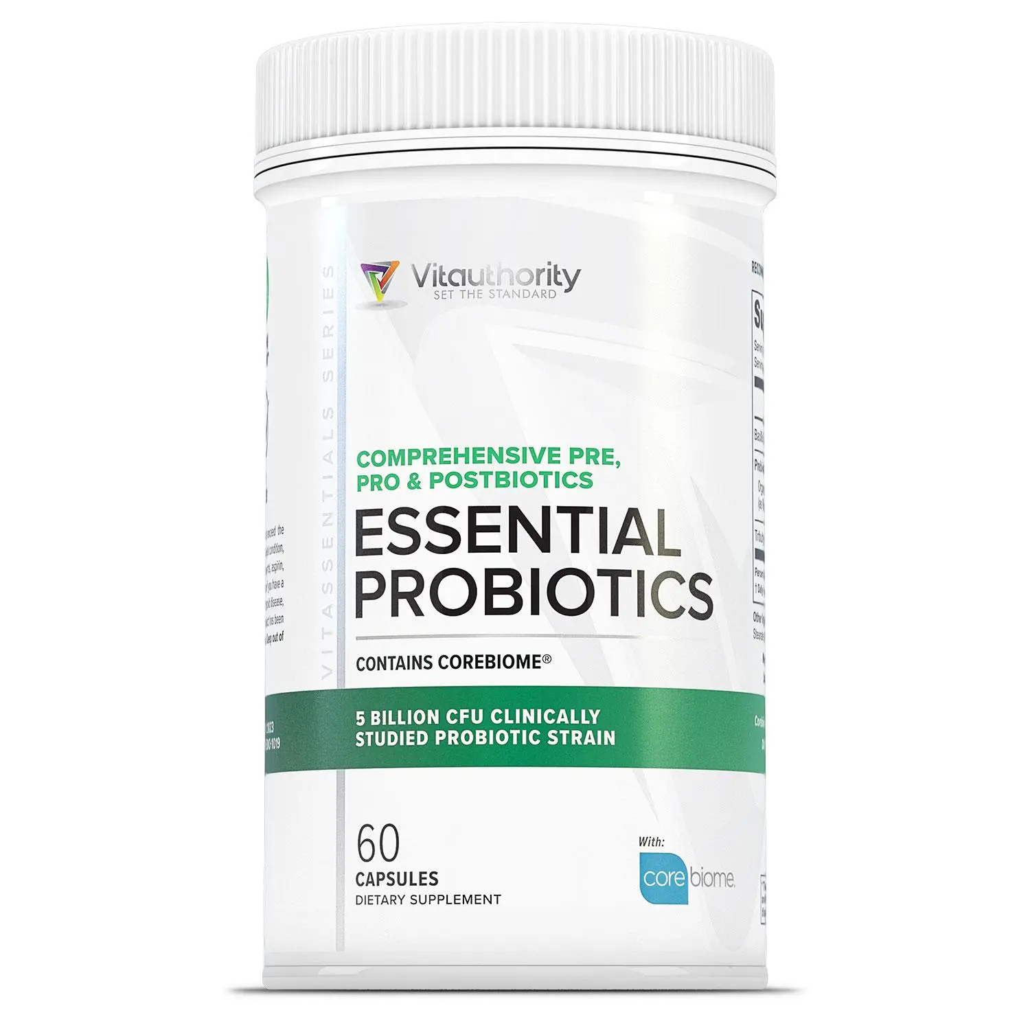 Essential Probiotics - Comprehensive Prebiotic Probiotic Postbiotics - 5 Billion CFU Clinically Studied Probiotic Strain - Contains Corebiome (60 Capsules) Edible Fitness