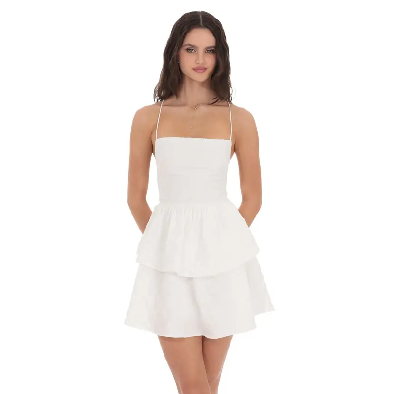 Lucy In The Sky Textured Floral Lace Up Dress in White