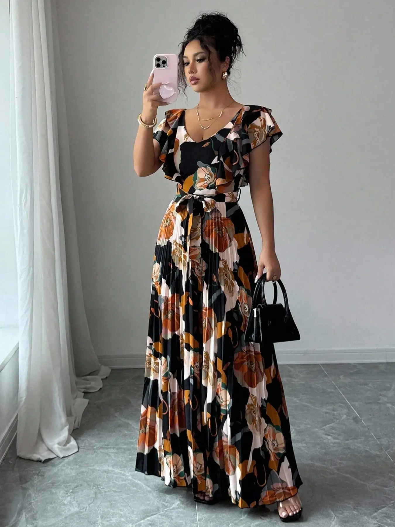 Elegant V-Neck Floral Digital Print Fitted A-Line Dress, Holiday Style Ruffle Waist, Romantic Women's Clothing, Perfect for Vacation, Bohemian Style Dresses, Boho Chic Style, Bohemian, Bohemian Aesthetic, Boho, Womenswear