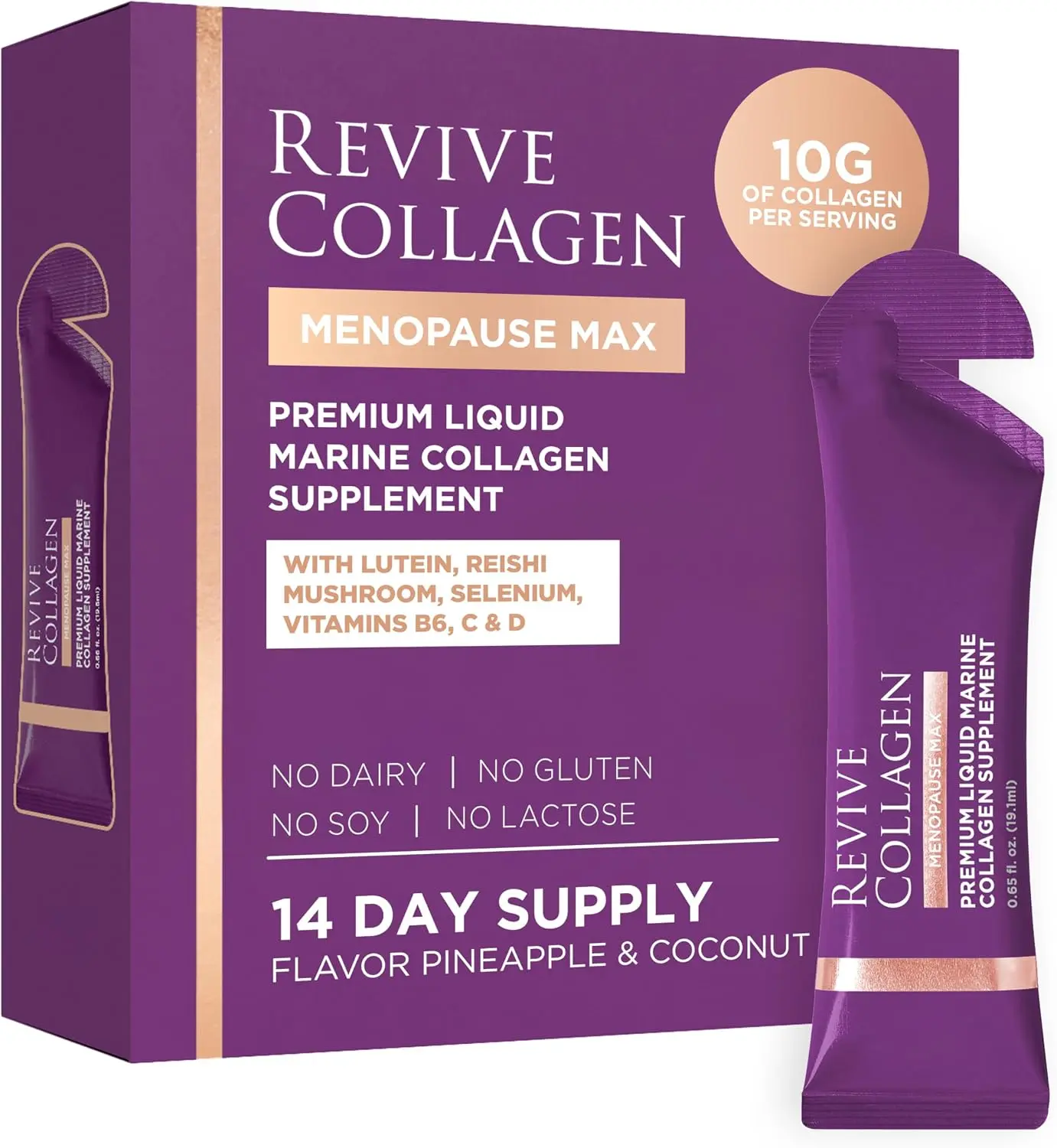 Revive Collagen Menopause Max — Hydrolyzed Marine Collagen Drink for Women, 10,000MG, Lutein, Reishi Mushroom, Vitamin B6, B12, C & D, for Skin & Eye Health, Pineapple & Coconut Flavour — 14 Sachets