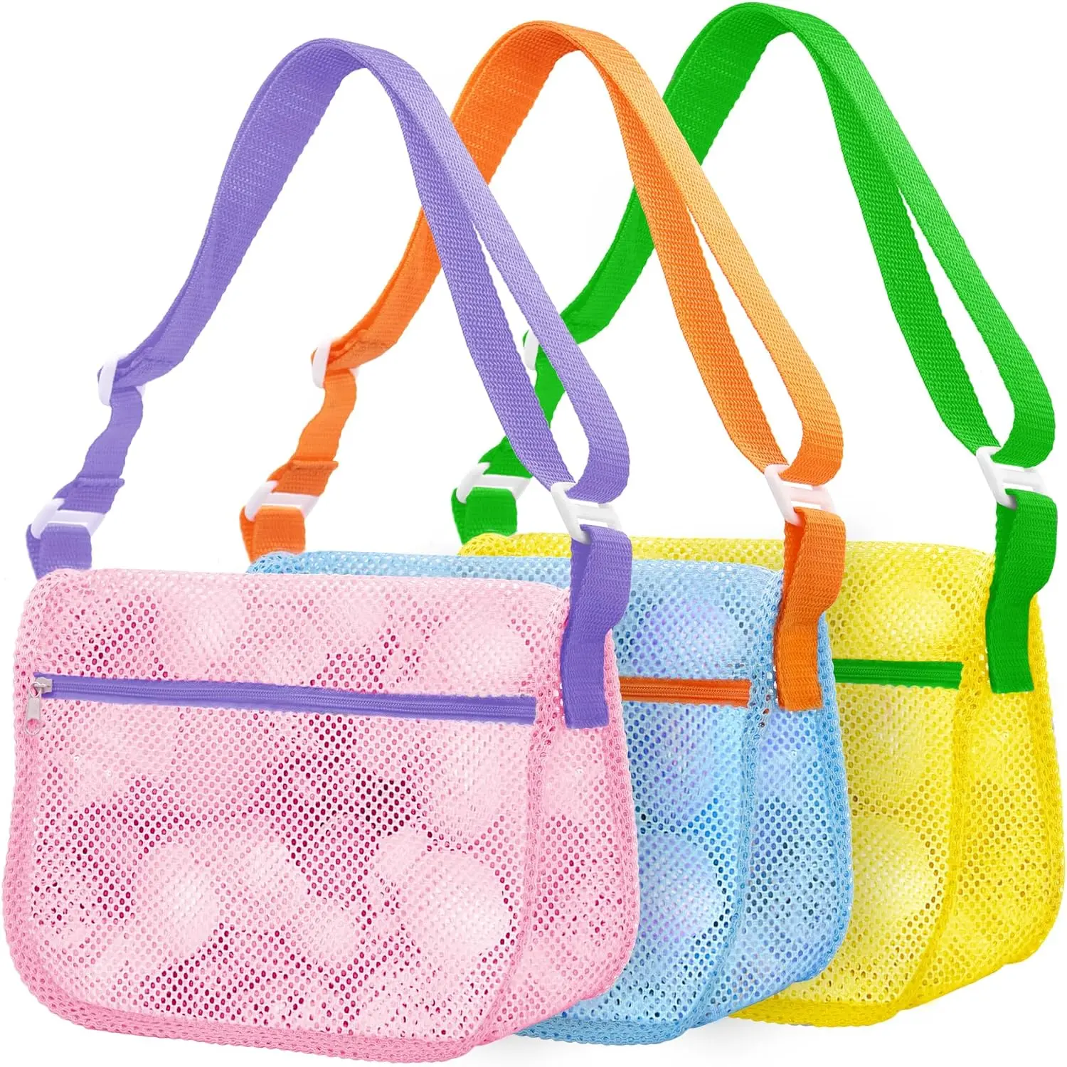 3PCS Mesh Beach Bags for Sand Toys - Seashell Collecting Bags with Adjustable Straps,Beach Toy Organizer & Shell Pouch, Summer Beach Essentials