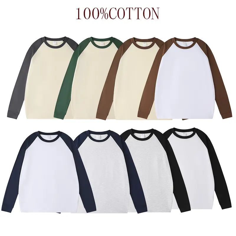 Men's Unisex Retro Color-Block Crew Neck Tshirt, Baggy Streetwear Raglan Long Sleeve Top, 100% Soft Cotton Casual Essential Wardrobe Basic, Classic, Breathable, Cargo Pants