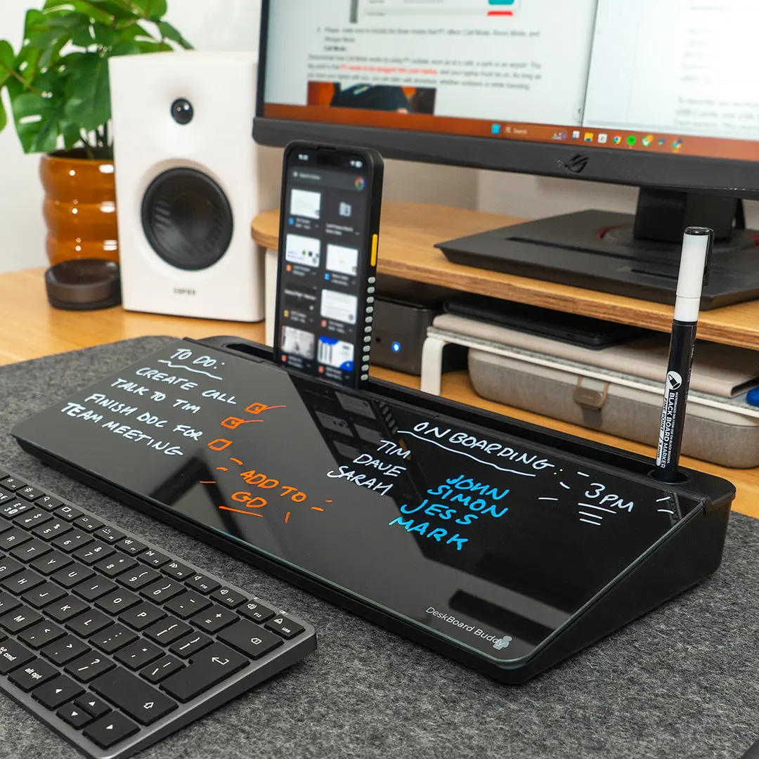 Deskboard Buddy Desk Organizer - Desk Stand, Calculator, Wireless Charging Pad, Dry Erase Board, Storage Organizer for Office Stationery, Tempered Glass Surface, 2.8 lbs, Compatible with Phones/Tablets