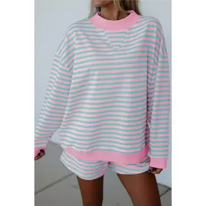 Pink Stripe Color Block Detail Long Sleeve Pullover Elastic Waist Pull On Shorts 2pcs Set