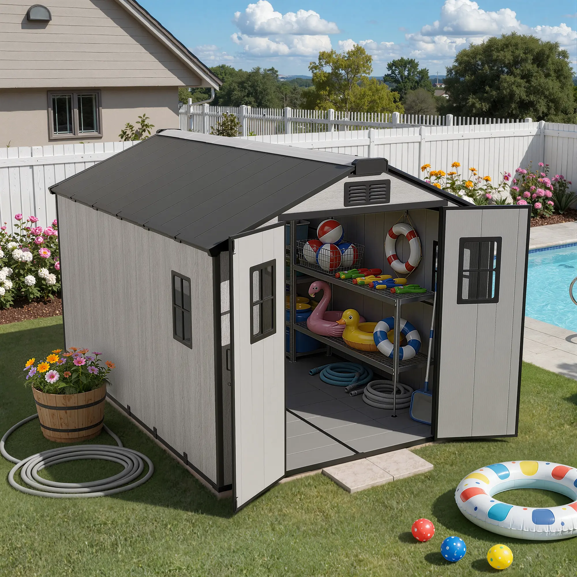 【Summerfinds】Ovios Resin Outdoor Storage Shed With Floor (8 x 12 Ft), Patio Storage Cabinet with Ventilation openings and windows Weather Resistant Gray Organization for Home/Backyard/Garden Tools/Lawn Mower/Bike Storage/Pool Supplies