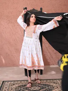 3-Piece Anarkali Set in White – Mirror &  Embroidered Work