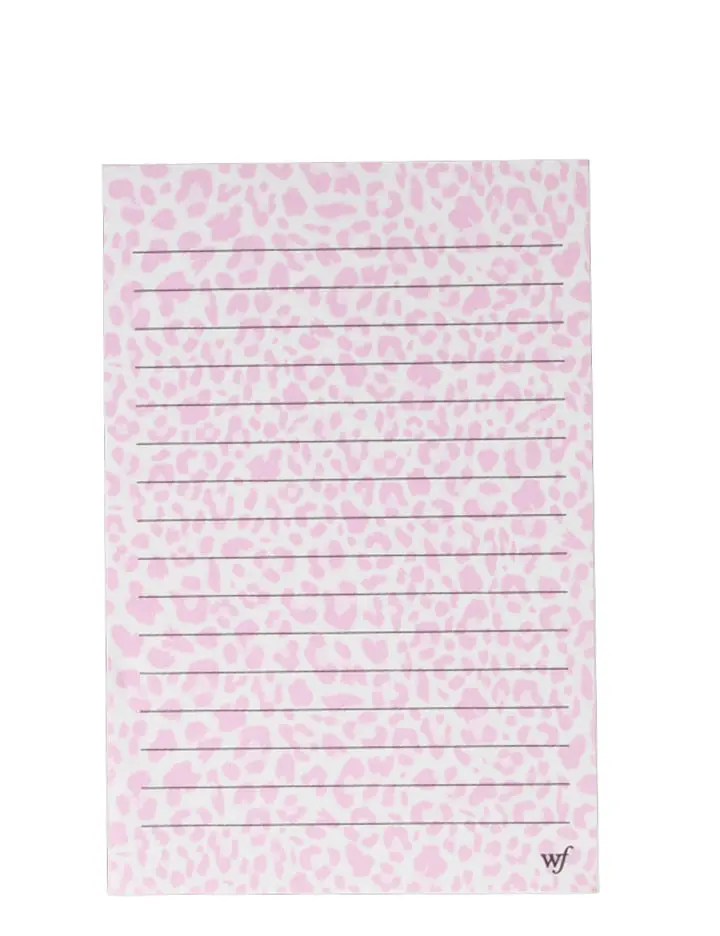 Pink Meow Notepad | Limited Edition Trendy Note Pads | Raised Protective Black Bumper | Women Owned Small Business | White Background Dark and Light Pink Kitten Leopard Print | Gift for Her