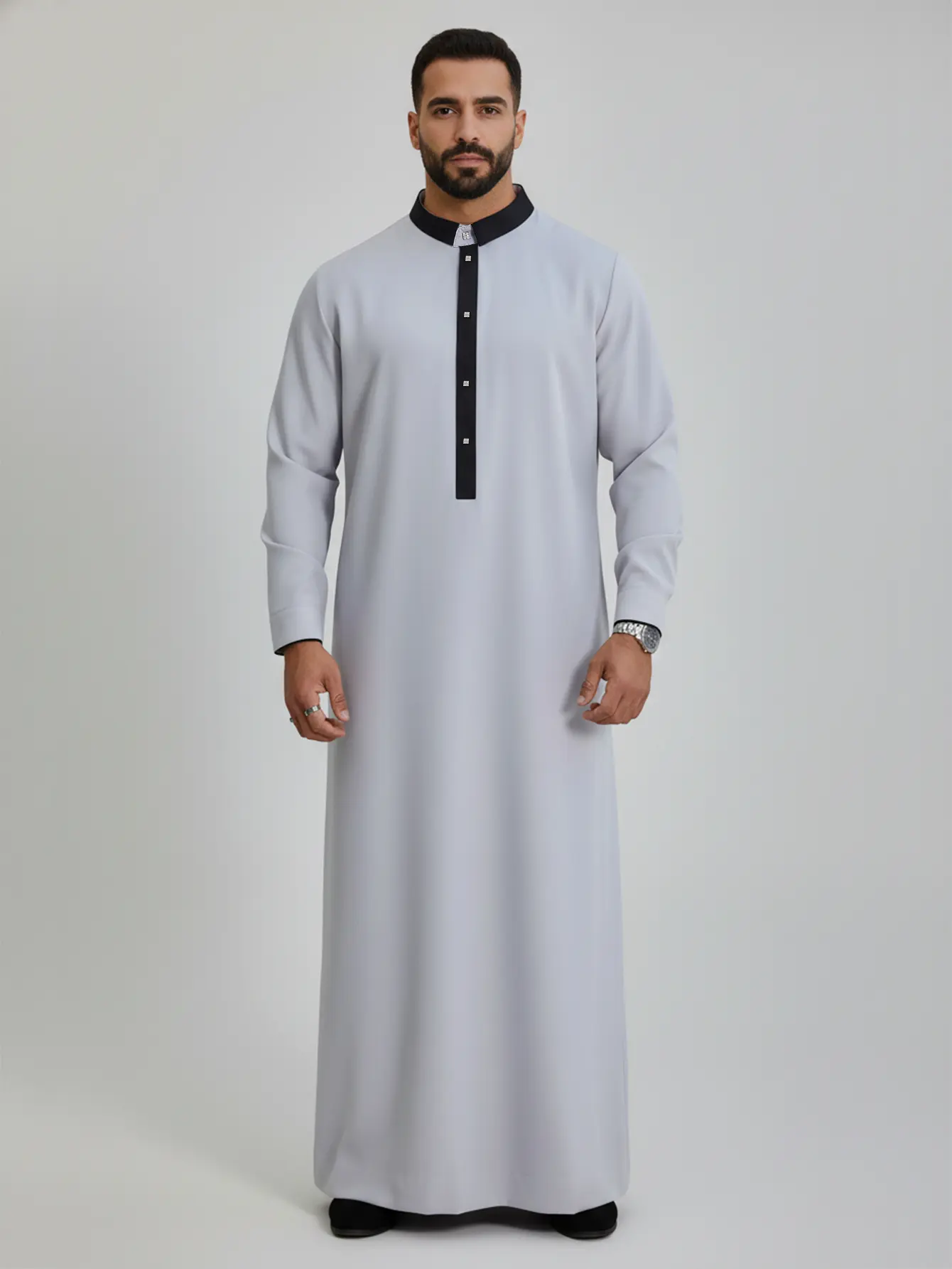 Men’s Grey Thobe - Embroidered Long Sleeve Arab Kaftan, Formal Islamic Robe for Eid, Prayer & Daily Wear Casual Muslim