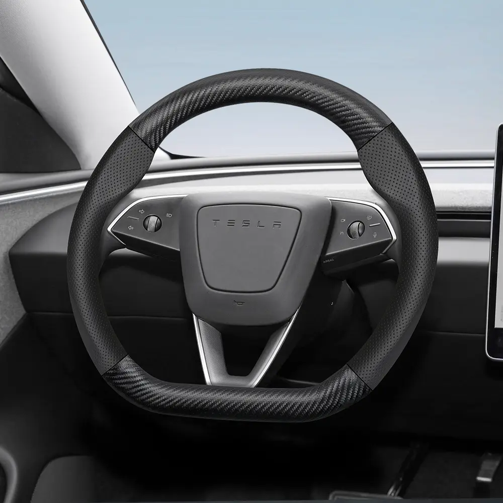 For Tesla Steering Wheel Cover Frosted Carbon Fiber Textured Leather Combined with Perforated Breathable PU Leather Fits Model S/Model 3/Model Y/Model X/Model Y L  Black Burgundy Mocha Orange Automotive Car Accessories