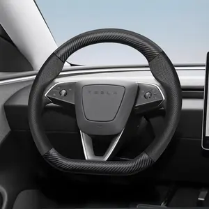 For Tesla Steering Wheel Cover Frosted Carbon Fiber Textured Leather Combined with Perforated Breathable PU Leather Fits Model S/Model 3/Model Y/Model X/Model Y L  Black Burgundy Mocha Orange