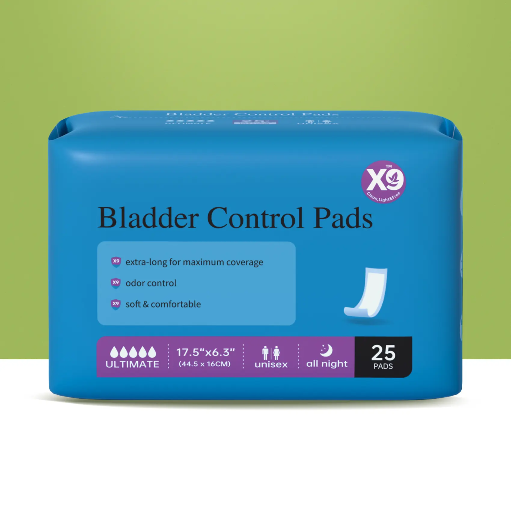 X9 Adult Unisex Incontinence Diaper Pads, High Absorbency for Night Use - Leakproof and Skin-Friendly with Cellulose, Fragrance-Free, 25 Pads, Bladder Control Pads