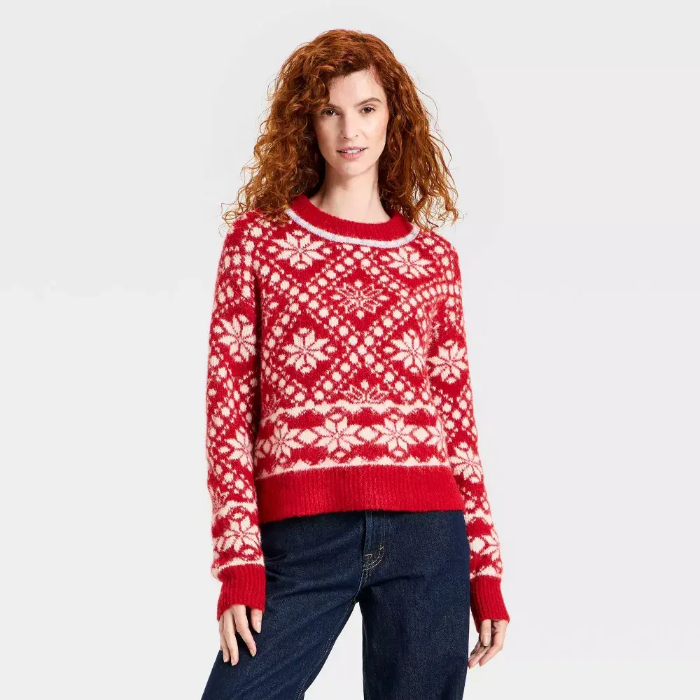Women's Cozy Alpine Snowflake Crewneck Pullover Sweater - Universal