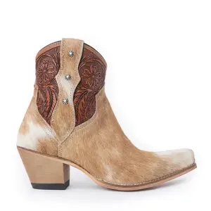Callie Women's Western Leather Shoe - Genuine Leather & Hair-on Hide Cowboy Boots with Snip Toe, Hand-Tooled Design, Side Zip, and Rubber Sole