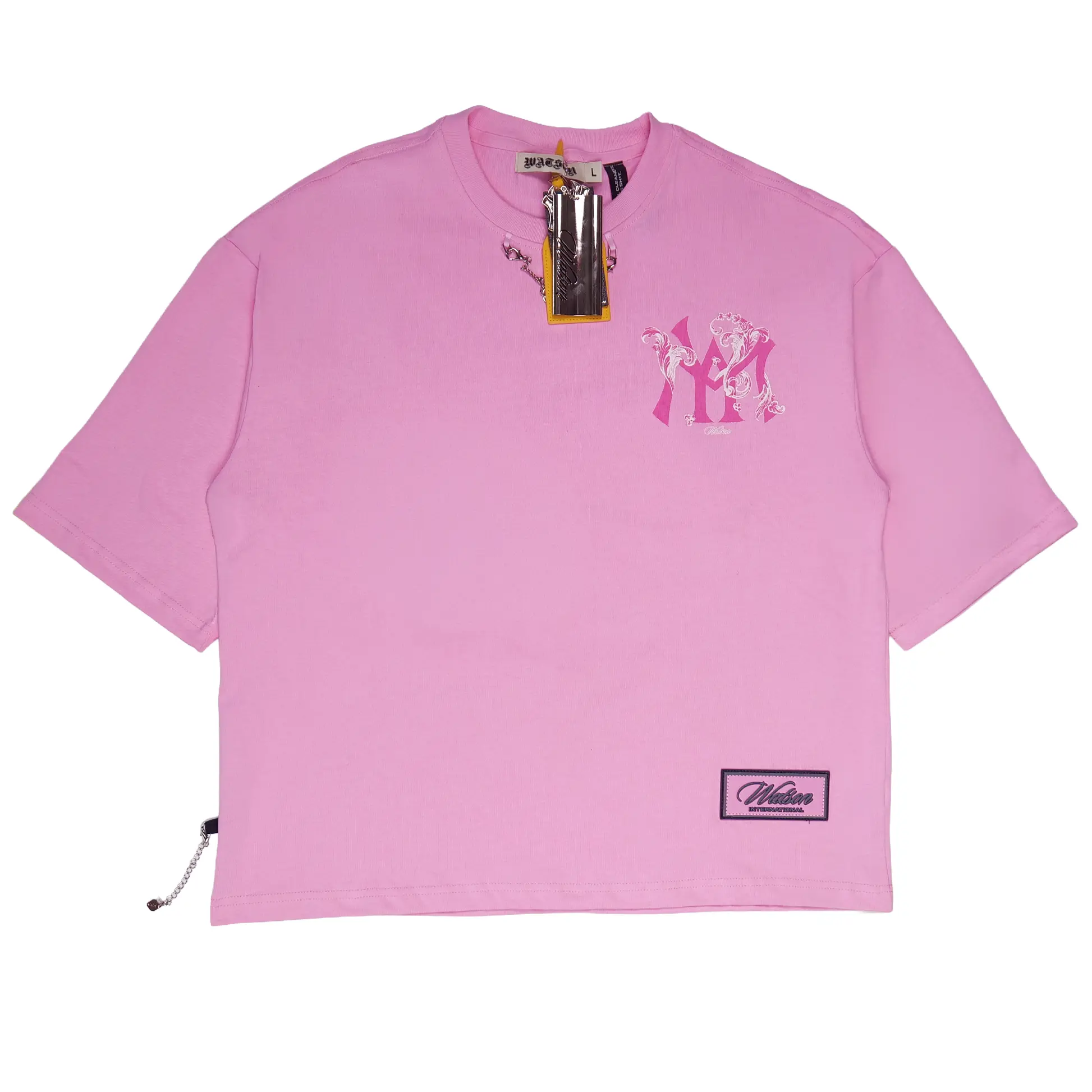 Men's Watson Heavyweight Cotton Short-Sleeve Round-Neck Single-Stitched Embroidered Touch Logo Detail Craft Logo Embellished Pink Tee, Menswear Top