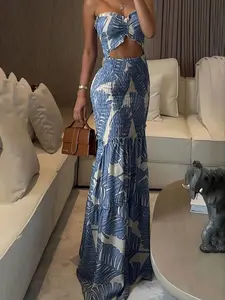 Tropical Print Drawstring Ruffle Halter Dress, Slimming Mermaid Hem, Vacation Style, Women's Fashion, Sleeveless Summer