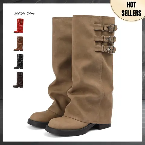 AOSPHIRAYLIAN Women's Basic PU Leather Knee-High Boots - Pull-On, Buckle-Secure Fit, Slouchy Fold-Over, Wide Mid-Calf, Flat Heel, Button-Accented, Concealed Zip, Casual Moto Biker Shoes for Dances, Fall Winter Wear,outdoorfun