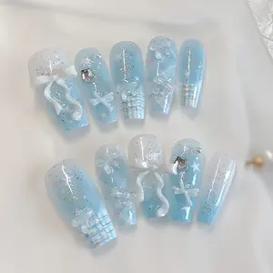 10 Pieces Acrylic Press on Nails, Summer Beach Essentials, Coffin Shape Fake Nails, Ice Blue Star Bow Design, Glitter Decorative Nails, Nail Designs, Perfect for Weddings & Parties